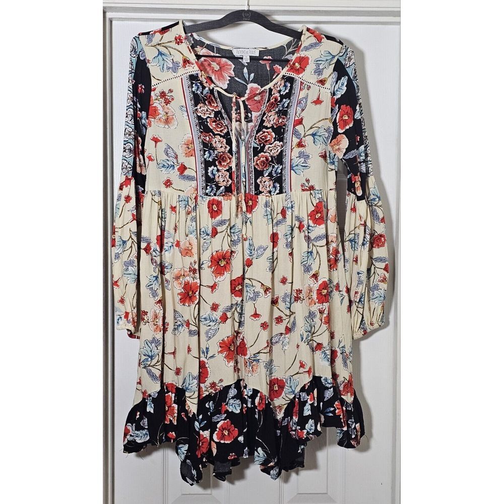 Patrons of Peace Floral Print Tunic Dress Size Small Boho Long Sleeve Rayon